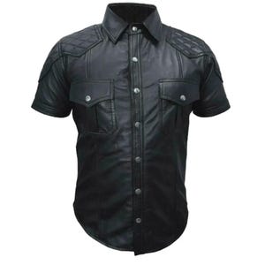 Mens Quilted Shoulder Handmade Genuine Lambskin Short Sleeve Leather Shirt, Street Wear Leather Shirts For Boys Or Males, All Sizes & Colors