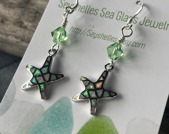 Brincos Starfish Beach Time da Seyshelles, prata esterlina, opala de fogo, cristais Swarovski