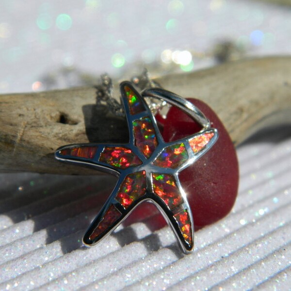 Rare Red Sea Glass with Fire Opal Starfish Pendant