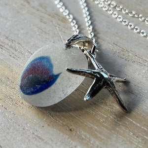 Sea Glass Necklace by Seyshelles, Sea Glass Jewelry, Blue and Frosty White Sea Glass, Rare, Sterling Starfish Charm, One of A Kind