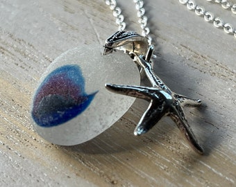 Colar de vidro marinho por Seyshelles, joias de vidro marinho, vidro marinho azul e branco fosco, raro, pingente de estrela do mar de prata, único