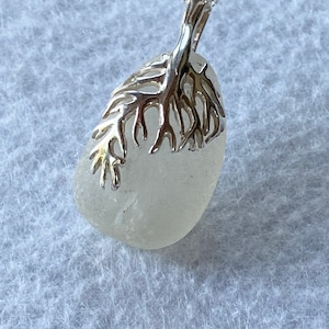 Frosty White Sea Glass with Sterling Silver Coral Pendant by Seyshelles