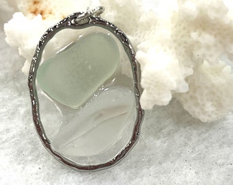 Colar de vidro marinho autêntico da Seyshelles Sea Glass Jewelry, lindo vidro marinho branco menta e fosco, único