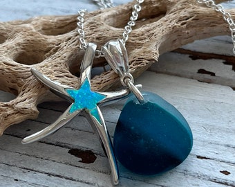 Colar de vidro marinho por Seyshelles, joias de vidro marinho, água-marinha, vidro marinho turquesa, raro, estrela do mar de opala de fogo de prata esterlina, única