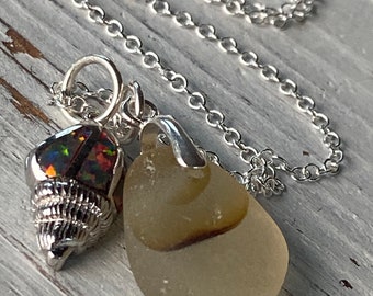 Pingente de concha do mar de opala de fogo com vidro marinho amarelo e marrom dourado por Seyshelles
