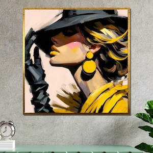 Arte en lienzo de una mujer elegante y a la moda: Retrato glamoroso en amarillo y negro