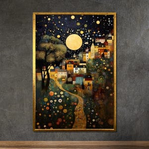 Arte su tela ispirata a Klimt: Villaggio dorato al chiaro di luna, stampa di una notte stellata