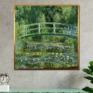 Monet Water Lily Bridge Canvas, Impressionist Garden Wall Art, Giverny Landscape Print, Serene Nature Artwork, Ready to Hang