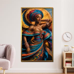 Regal African Woman Canvas, Vibrant Traditional Dress Wall Art, Bold Afrocentric Artwork, Cultural Portrait Print, Elegant Home Decor