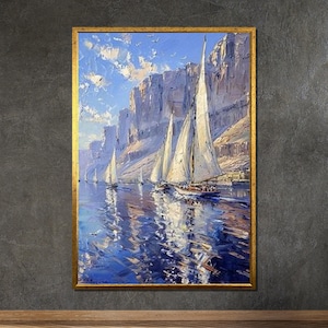 Sailing Boats Canvas Art: Impressionist Coastal Seascape Painting