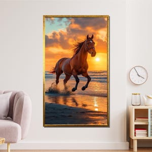 Majestätisch Pferd am Strand Leinwand, Sonnenuntergang Gallop Wandkunst, Wilder Hengst Ozean Druck, Freiheit Tier Fotografie Dekor, fertig zum Aufhängen