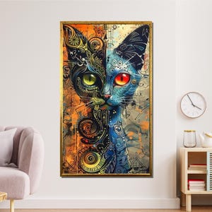 Abstract Cat Canvas, Colorful Artistic Cat Wall Art, Psychedelic Animal Print, Vibrant Pet Lover&#39;s Artwork, Ready to Hang Canvas
