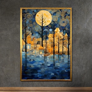 Tela ispirata a Klimt: Villaggio illuminato dalla luna: scena notturna dorata