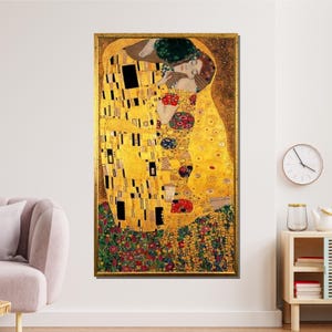 The Kiss by Klimt Canvas, Golden Romantic Wall Art, Klimt Inspired Couple Painting, Abstract Love Art Print, Iconic Romantic Art