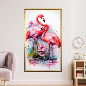 Flamingo Canvas Wall Art, Watercolor Animal Painting, Pink Flamingo Couple Print, Tropical Bird Wall Decor, Ready to Hang Canvas