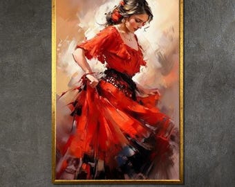フラメンコダンサーの油絵。髪に赤いバラを飾ったスペイン人女性、表情