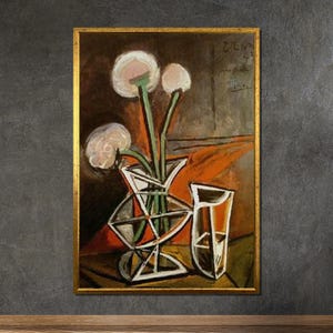 Picasso-Inspired Floral Canvas: Cubist Still Life, Modern Home Decor