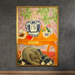 Matisse Inspired Still Life with Dog Canvas, Vibrant Interior Scene Art, Artistic Tabletop and Sleeping Dog Painting, Decorative Wall Art