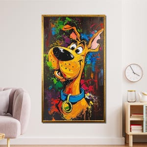 Bunte Cartoon Hunde Leinwand, Scooby-inspirierter Kunstdruck, lebendige Pop Art Wanddekoration, lustige Tiergrafik, spielerische Hundeleinwand