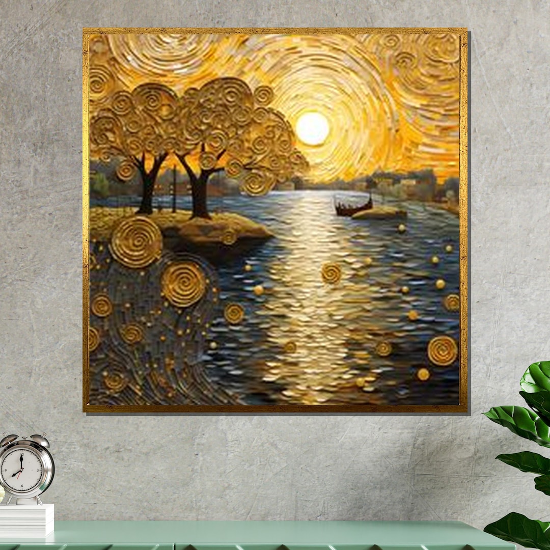 View of Klimt Inspired Golden Sunset Canvas: Abstract River Landscape Art - Etsy