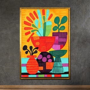 Picasso-Inspired Vibrant Abstract Plant Canvas, Bold Geometric Vase Art, Modern Colorful Wall Decor