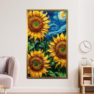 Van Gogh Sunflowers at Night Canvas, Starry Sky and Sunflowers Art, Impressionist Nature Wall Art, Ready to Hang