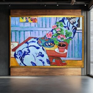 Still Life with Floral Vase Canvas, Henri Matisse Inspired Art, Bold Colorful Wall Decor, Interior Scene Artwork, Ready To Hang Canvas
