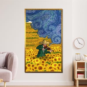 Arte de girasoles inspirado en Van Gogh, lienzo de violín caprichoso, arte de pared con cielo estrellado, póster de naturaleza artística, lienzo amarillo vibrante