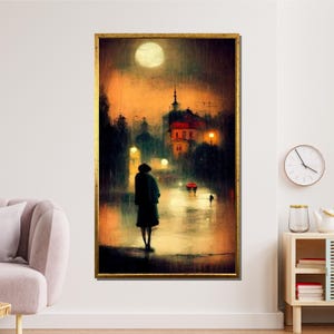 Rainy Night City Canvas Art: Moody Silhouette Under Moonlight