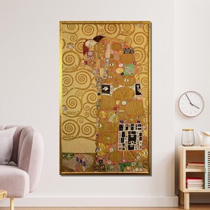 Golden Embrace Canvas, Gustav Klimt Inspired Art, Abstract Couple Wall Art, Art Nouveau Wall Print, Ready to Hang Canvas