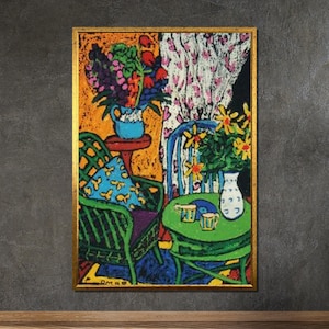 Matisse-Inspired Interior Canvas, Vibrant Room with Flowers, Bold Abstract Still Life Art, Expressionist Wall Decor, Ready to Hang