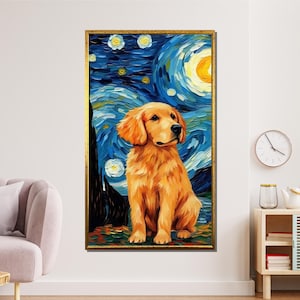 Starry Night Golden Retriever Canvas Art: Van Gogh Style Dog Portrait