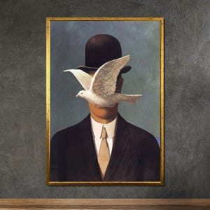 René Magritte Man with Dove Canvas, Surrealist Wall Art, Thematic Abstract Print, Dreamlike Modern Decor, Ready To Hang Artwork