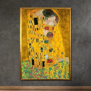 The Kiss Canvas Print, Gustav Klimt Inspired Art, Romantic Gold Foil Style Painting, Symbolist Wall Art, Ready To Hang Romantic Décor