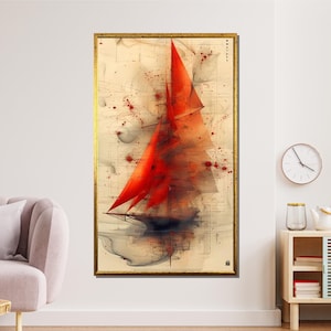 Abstract Red Sailboat Canvas, Modern Nautical Wall Art, Dynamic Ocean-Inspired Artwork, Contemporary Sailing Print, Ready to Hang Canvas