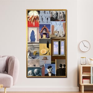 Surrealistische Kunstcollage, René Magritte inspirierte Wandkunst, abstraktes surreales Kunstwerk, Traumhaftes modernes Dekor