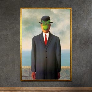 Magritte Inspired "Son of Man" Canvas, Surrealist Green Apple Artwork, Bold Abstract Portrait Wall Art, René Magritte Style Painting