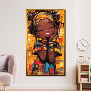 Joyful African Girl Canvas, Vibrant Tribal Art Illustration, Cultural Portrait Painting, Ethnic Artwork, Bold and Cheerful Wall Art,