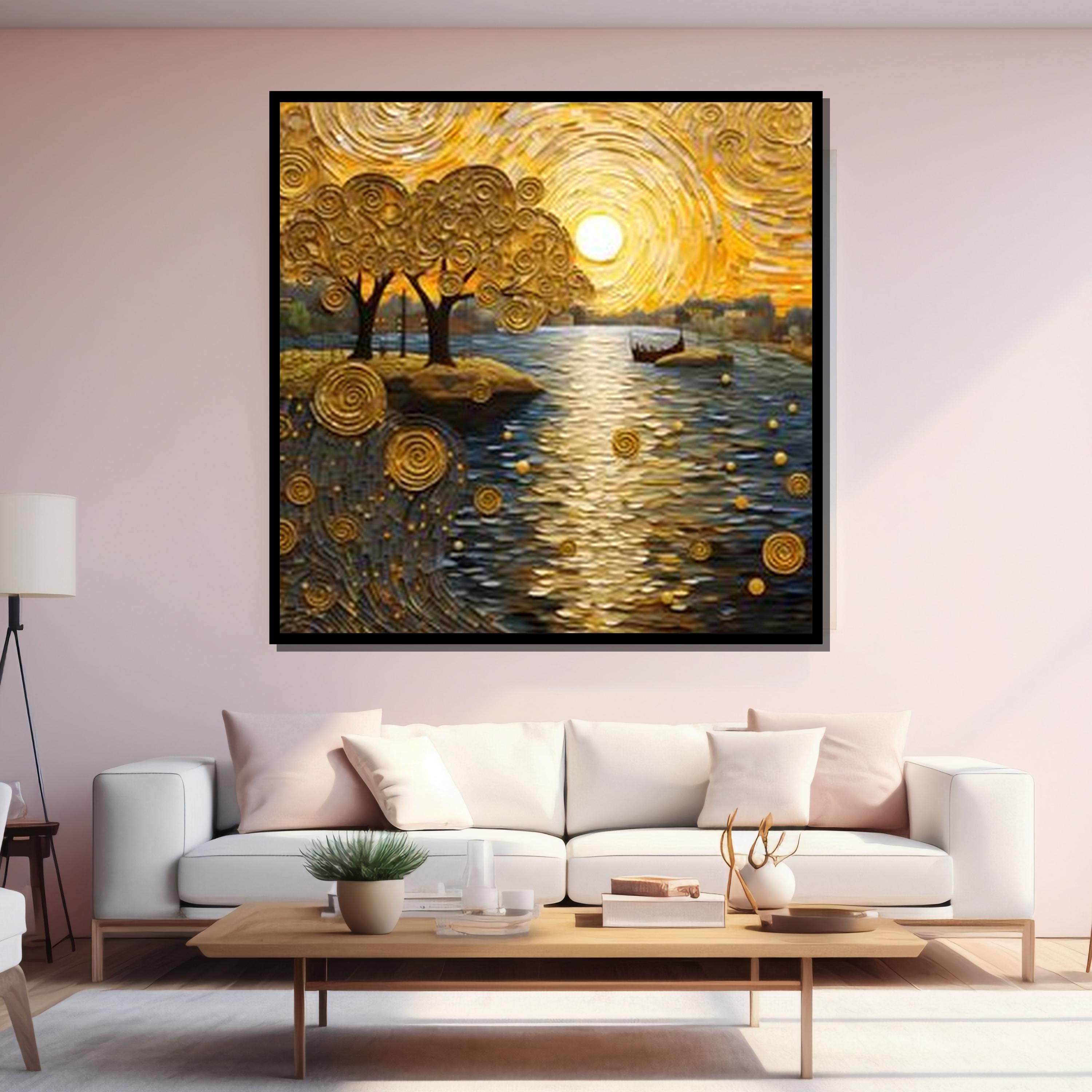 Klimt Inspired Golden Sunset Canvas: Abstract River Landscape Art - Etsy