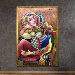 Lienzo con retrato abstracto inspirado en Picasso, arte cubista vibrante, decoración de pared expresionista artística, pintura modernista colorida