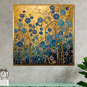 Gustav Klimt Inspired Blue and Gold Floral Canvas, Elegant Symbolist Wall Art, Vibrant Nature-Inspired Painting