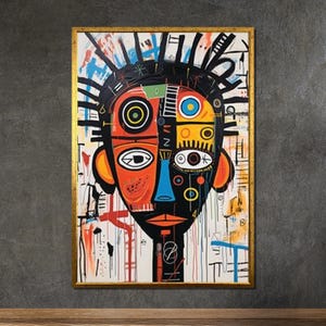 Basquiat Inspired Abstract Portrait Canvas, Bold Graffiti-Style Wall Art, Modern Urban Expressionist Painting