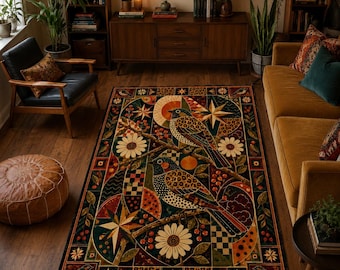 Songbird Area Rug, Mosaic Bird Carpet, Geometric Botanical Rug, Folk Art Decor, Colorful Statement Rug
