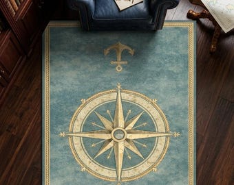 Nautical Compass Rug, Anchor Coastal Carpet, Vintage Maritime Decor Rug, Ocean Navigation Design Area Rug, Navy Style Home Decor