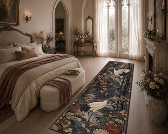 Japanese Crane Runner Rug, Bird Hallway Carpet, Chrysanthemum Ginkgo Botanical Runner, Art Deco Maximalist Decor, Washable Long Narrow Rug