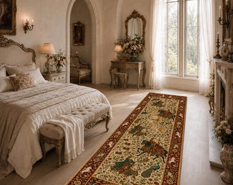 Tappeto passatoia medievale con unicorno, tappeto da corridoio con arazzo botanico, tappeto passatoia con giardino fantastico, tappeto decorativo con castello