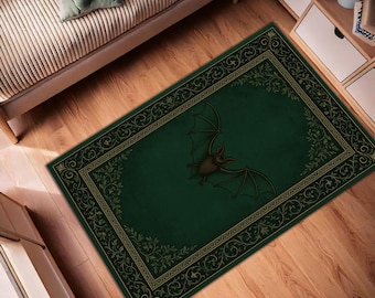 Gothic Bat Rug – Dark Green Vintage Area Rug with Ornamental Frame, Spooky Halloween Bat Carpet, Gothic Home Decor