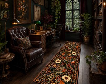 Tappeto a corsia con motivo geometrico di uccelli, tappeto moderno botanico per corridoio, tappeto a corsia con uccelli in stile arte popolare, tappeto decorativo di grande impatto.