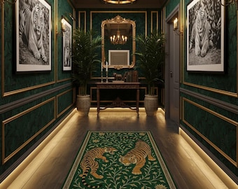 Tiger Rug – Green Vintage Style Carpet with Two Tigers and Botanical Details, Animal Print Area Rug, Exotic Jungle Decor