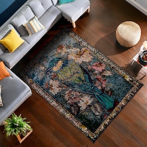 Vintage Bird Rug, Floral Area Rug, Flower Rug, Botanic Design Decor for Living Room, Antique Decor, Cozy Room Rug, CottageCore Rug,Aesthetic